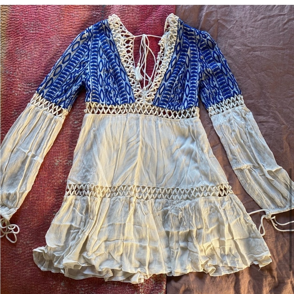 Free People 6 DuskTil Dawn Mini Dress V Neck Boho Open Crochet Embroidered - Picture 6 of 9